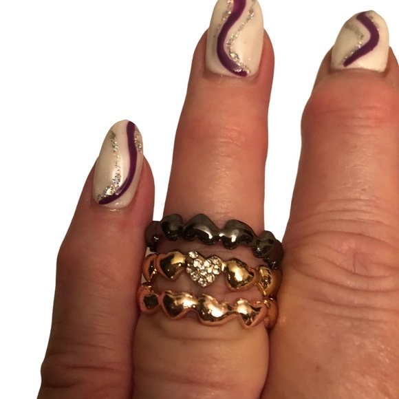 💜 Gold  Black Rose Gold Size 9/10 Heart Rings Set of 3 - Picture 2 of 11